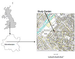 Location of the study garden within Wolverhampton, West Midlands, U.K. ( Crown Copyright/Database Right 2007. An Ordnance Survey/EDINA supplied service).